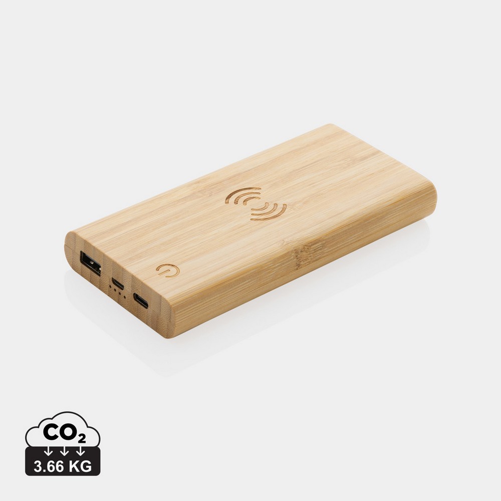 Bambusowy, bezprzewodowy power bank 8000 mAh, ładowarka bezprzewodowa 5W