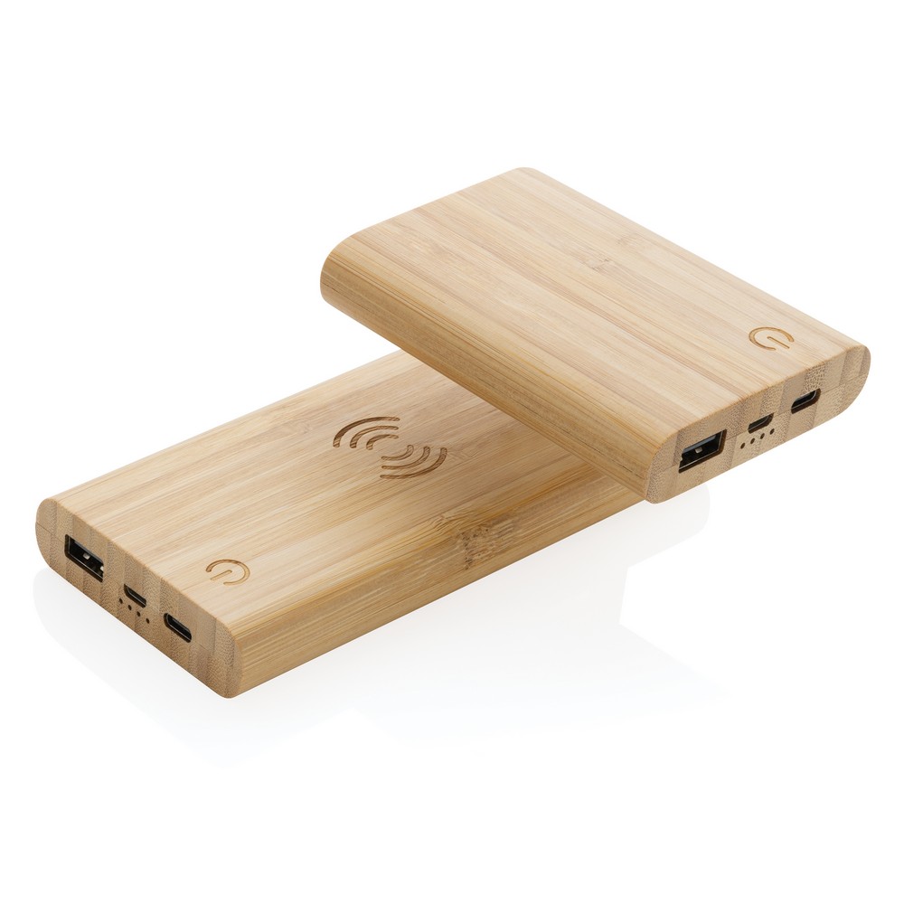 Bambusowy, bezprzewodowy power bank 8000 mAh, ładowarka bezprzewodowa 5W