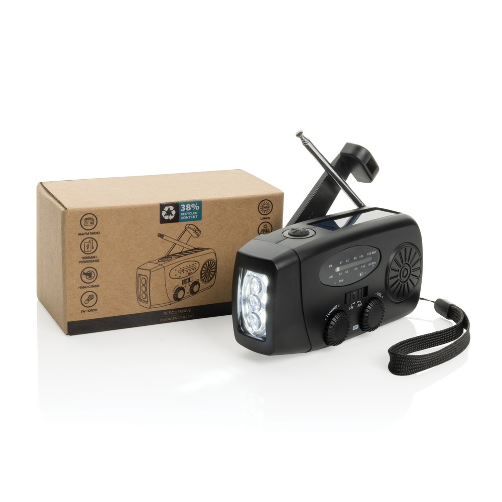 Radio survivalowe AM/FM, power bank 1800 mAh, latarka RescueWave