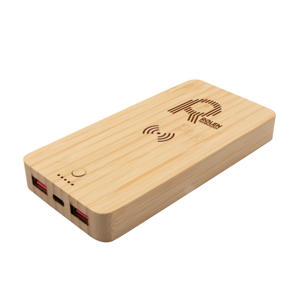 Bambusowy bezprzewodowy power bank 8000 mAh B’RIGHT, ładowarka bezprzewodowa 15W | Benson