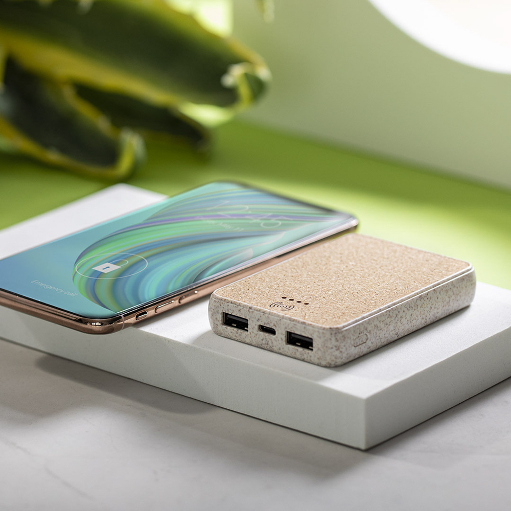 Bezprzewodowy power bank 5000 mAh ze słomy pszenicznej, ładowarka bezprzewodowa 5W
